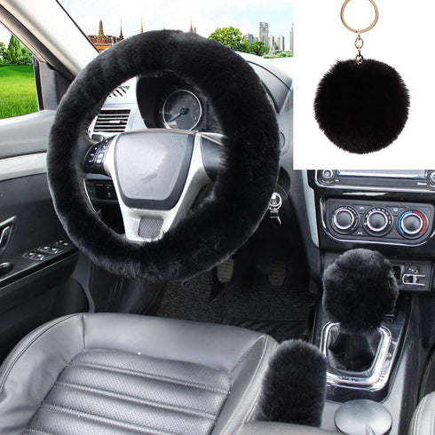 4PCS Set Fluffy Steering Wheel Covers with Handbrake Cover&Gear Shift Cover&Plush Keychain Furry Steering Wheel Cover for Women Girl Fashion Warm ...