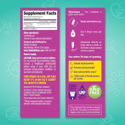 Ddrops Kids Probiotic Liquid Drops, Dual Probiotic Support, Helps Support Kids' Immune and Digestive Health, 30 servings...