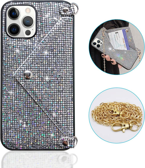 Omorro Glitter Diamond Sequins Wallet Case with Shiny Crossbody Chain for iPhone 12 Pro Max Black...