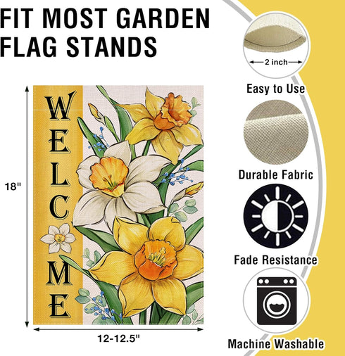 Welcome Spring Summer Floral Flower Small Decorative Garden Flag, Yellow Daffodil Eucalyptus Leaves Yard Lawn Outside Decor, Seasonal Burlap Outdo...