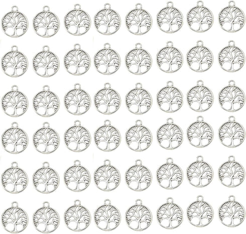 YYaaloa Pack of 50 Tree of Life Charms Jewelry Making Silver Charms Mixed Smooth Tibetan Silver Metal Charms Pendants DIY for Necklace Bracelet Je...