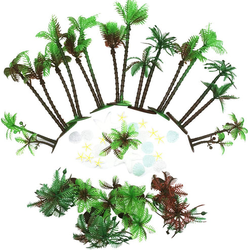 Allazone 42 PCS Coconut Palm Tree, 20 PCS Mini Plastic Artificial Palm Tree, 22 PCS Shell and Starfish for Cupcake Topper, Cake Decorations, Aquar...