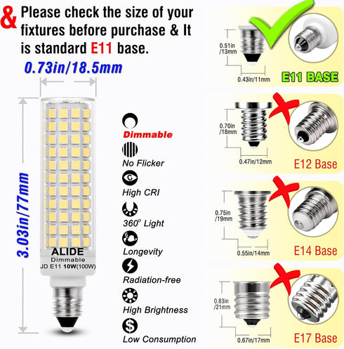 E11 Led Bulbs 120V 100W Halogen Candelabra Bulbs Equiva Dimmable,T3 T4 Mini Base JDE11 Bulb,6000K Daylight Cool White 10W 1000LM E11 for Chandelie...