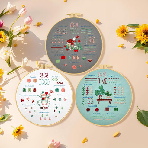 Ponpon 3 Sets Embroidery Kit for Beginners, Embroidery Kit for Adults with Follow Instruction, Cross Stitch Kits with Wooden Embroidery Hoops (Stl...