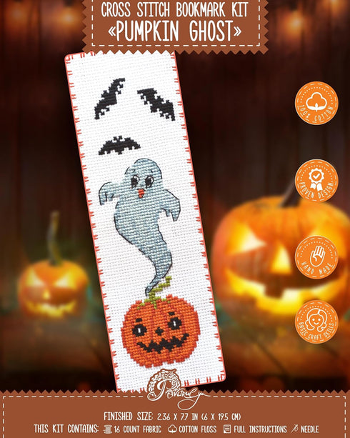 Povitrulya Counted cross Stitch Bookmark Kit 'Pumpkin Ghost' - DIY Embroidery set for Adults with Paper pattern, 16-count Aida Canvas and Presorte...