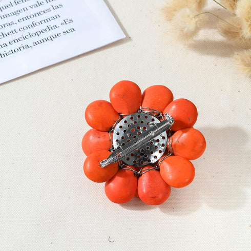 Double Sunflower Dyed Orange Howlite and Cultured Freshwater White Pearl Floral Pin or Brooch...