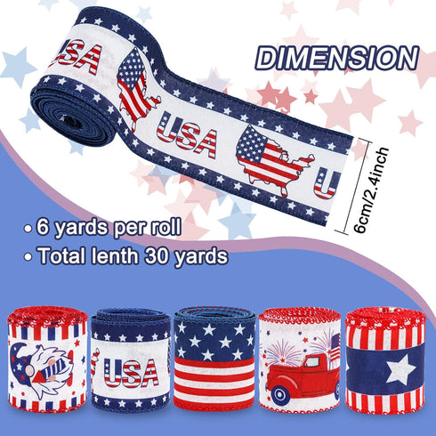 Whaline 30 Yards Patriotic Wired Edge Ribbon 4th of July Star Strip Burlap Ribbon Red Blue White American Flag Truck Gnome Wrapping Ribbon for Ind...