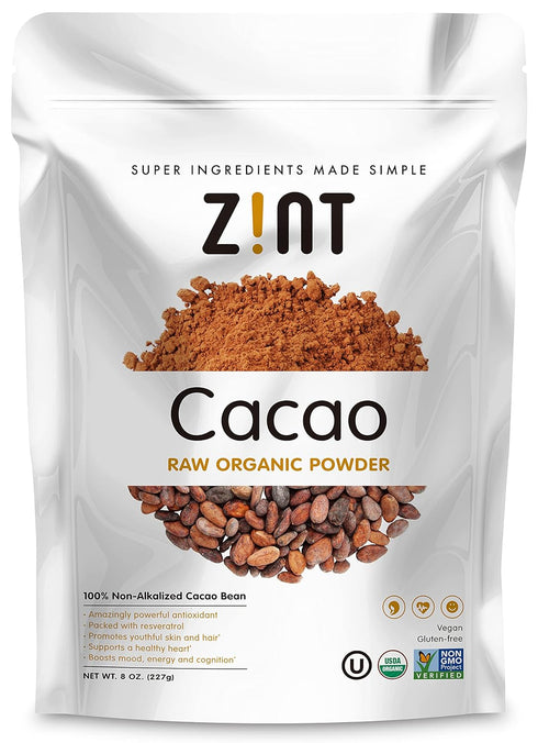 Zint Organic Cacao Powder (8 oz): Paleo-Certified, Organic, Non GMO, Anti Aging Antioxidant Superfood, Gluten Free Cocoa Cacao Beans, Pure Delicio...