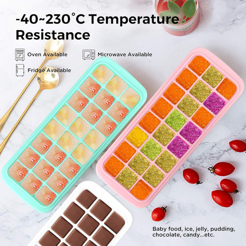 Ice Cube Tray, Soft Silicone Ice Tray with PP Lid, Flexible Ice Cube Trays for Freezer (24 Cubes, Blue)...