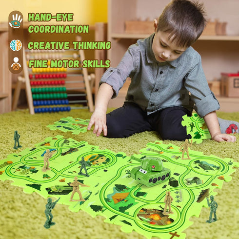 Toy Puzzle Track wiht Army Figures Race Car for Kids Age 3-5, Plastic Puzzle Track Toy Tank Vehicle, Car Tracks for Toddlers 4 5 6 7 Year Old, Mil...