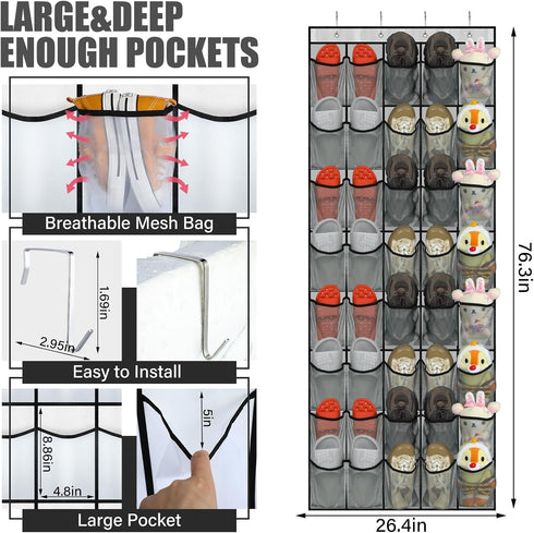 40 Large Over the Door Shoe Organizer Shoe Rack for Door Gray Mesh Pockets Hanging Shoe Organizer for Closet Shoe Holder Rack Behind Door Hanger H...