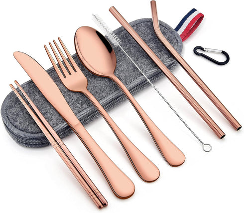 LIANYU 8-Piece Portable Utensils Set, Stainless Steel Copper Travel Silverware Set, Reusable Flatware Cutlery with Straws Chopsticks, Gray Case...