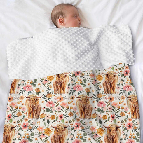 Highland Cow Boho Floral Baby Blanket Unisex, Soft Newborn Minky Blankets with Double Layer Dotted Backing, Farmhouse Themed Receiving Blankets, T...
