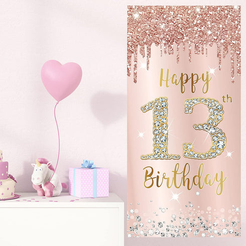 Happy 13th Birthday Door Banner Backdrop Decorations for Girls, Pink Rose Gold 13 Birthday Party Door Cover Sign Supplies, Thirteenth Year Old Bir...