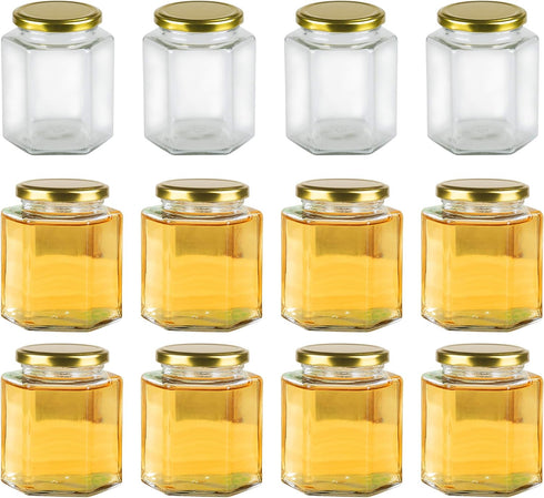 Encheng 16 oz Clear Hexagon Jars,Glass Jars With Lids(Golden),Mason Jars For Honey,Foods,Jams,Liquid,Spice Jar Herd Jar Canning Jars For Storage 1...