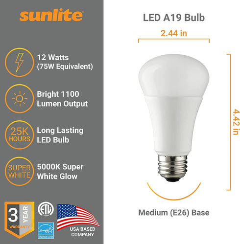 Sunlite LED A Type Household 12W (75W Equivalent) Light Bulb Medium (E26) Base, Daylight...