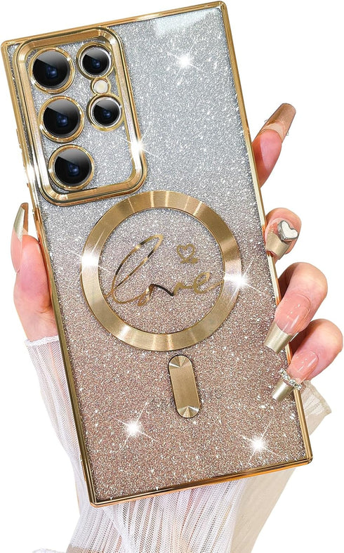 Fiyart Designed for Samsung Galaxy S22 Ultra Case,Compatible with MagSafe Love Heart Plating Camera Protection Clear Phone Case, Magnetic Glitter ...