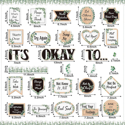 65 Pcs Mental Health Poster It's Okay to Boho Eucalyptus Groovy Bulletin Board Set Inspirational Positive Cutout for Back to School Office Classro...