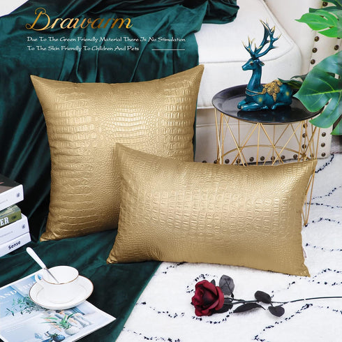 BRAWARM Faux Leather Pillow Covers 12 X 20 Inches, Gold Leather Pillow Covers Pack of 2, Crocodile Leather Decorative Lumbar Throw Pillows for Liv...