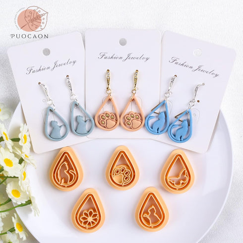 Puocaon Mystic Boho Clay Cutters - 7 Pcs Teardrop Polymer Clay Cutters for Earrings Making, Cute Cats Clay Earring Cutters, Flower Teardop Cutters...