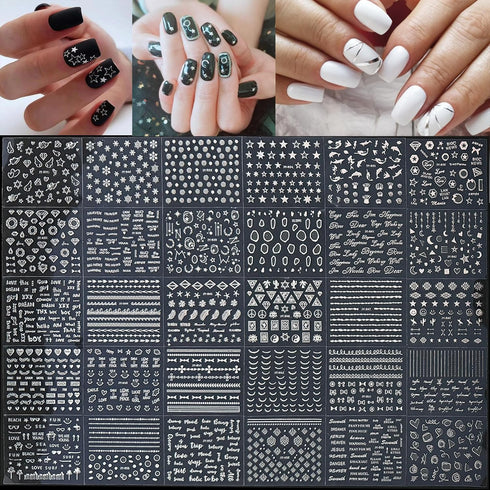 90 Sheets Silver Nail Art Stickers Holographic Laser Silver Nail Decals 3D Self Adhesive Nail Stickers for Nail Art Designs Star Line Flower Nail ...