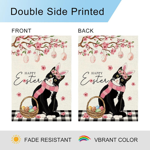 Happy Easter Cat Garden Flag Eggs Tuxedo Cat Floral Garden Flag 12×18 Inch Double Sided Buffalo Plaid Farmhouse Yard Flag Spring Holiday Outdoor D...