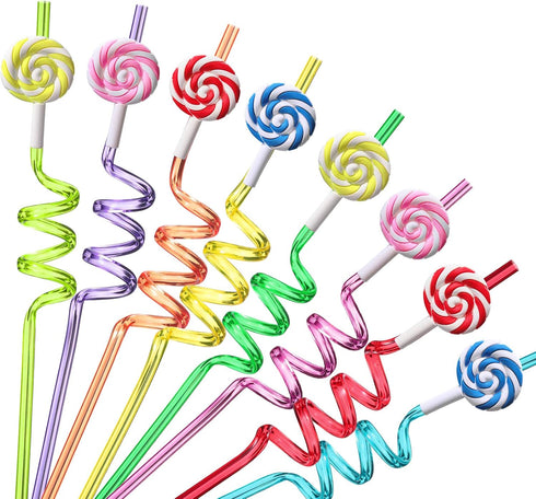 Candyland Party Supplies Drinking Plastic Straws Reusable 24 for Kids Sweet Candy Lollipop Birthday Party Favors with 2 Cleaning brush...