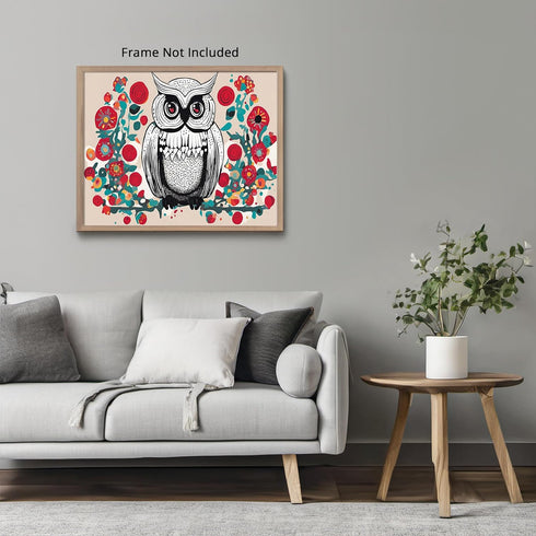 Posterizer 1 pcs- cute fluffy owl with abstract flowers-Art for Animal Lovers-Abstract & Modern Art- Living Room Bedroom Decor- unframed wall art...