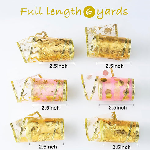 Gold Ribbon for Christmas Tree 2.5 Inch 6 Rolls 36 Yards Gold Christmas Ribbon Gold Ribbon,Wired Holiday Party Ribbons Assorted Patterns Decoratio...