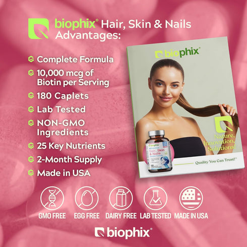 biophix Hair Skin and Nails Complex 180 Caplets with 10,000 mcg Biotin - Multivitamin Supports Strong Nails Beautiful Hair Healthy Aging...