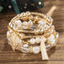 4Pcs Set Bohemian Rose Leaves Crystal Pearl Tassel Beaded Stretch Pendant Bracelets for Women Gold Beaded Stackable Bracelet Colorful Charm Jewelr...