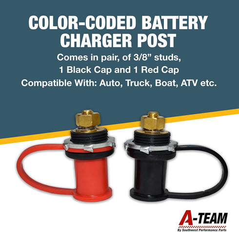 A-Team Performance - Color-Coded Battery Charger Post Comes in Pair, of 3/8 Inch Studs, 1 Black Cap and 1 Red Cap. - Compatible with Auto, Truck, ...