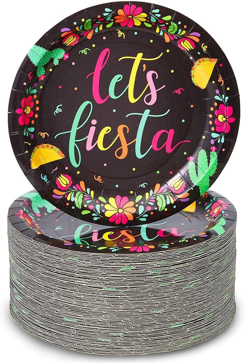 80 Pack Let's Fiesta Party Plates - 7 inch Festive Decorative Dinnerware for Parties and Special Occasions (Black) - Fiesta Plates...