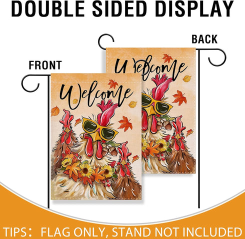 Welcome Fall Rooster Small Decorative Garden Flag, Autumn Farm Animal Sunflower Maple Leaves Yard Lawn Outside Decor, Farmhouse Rustic Burlap Outd...