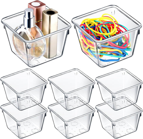 Tioncy 8 Pcs Clear Drawer Organizers 3" x 3" x 2" Stackable Small Makeup Vanity Storage Bins Small Desk Drawer Organization Clear Container Divide...