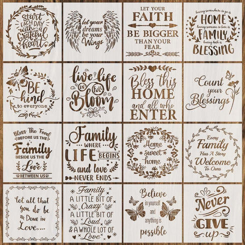 16 Pieces Inspirational Word Stencils Kit Motivational Stencil Reusable Phrase Word Template Family Sign Stencils for Painting on Wood, Porch, Fro...