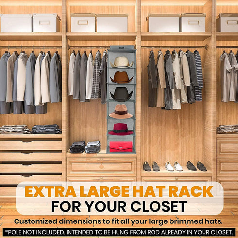 Boxy Concepts 6-Shelf Cowboy Hat Organizer Rack - 13in Wide X-Large Grey - Hat Rack for Wall Mount Hook & Loop - Soft Fabric Preserve Shape - Base...