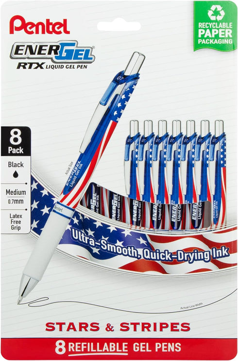 EnerGel RTX Retractable Liquid Gel Pen, Flag Barrel, (0.7mm) Metal Tip, Medium Line, Black Ink, Pack of 8 Pens...