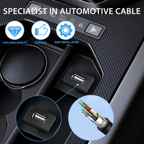 YACSEJAO USB Square Flush Mount Cable USB 2.0 Single Port Dashboard Panel Dash Mount Extension Cable with Buckle for Car Motorcycle Boat, 1m...