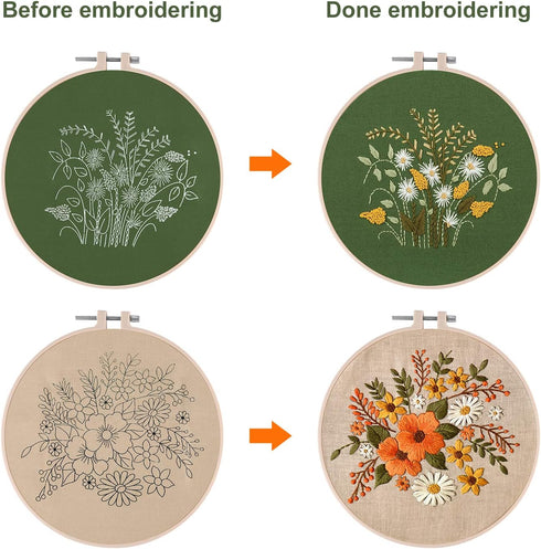 FEPITO 2 Sets Full Range Embroidery Starter Kit with Pattern and Instructions Cross Stitch Kit Includes 2 Pcs Embroidery Clothes with Floral Patte...
