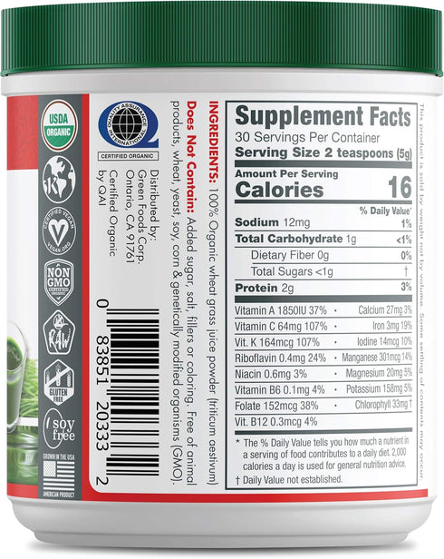 Green Foods Wheat Grass Shots, 5.3 oz - Certified Organic, Kosher, Vegan, Non-GMO, Raw, Gluten-Free, Grown...