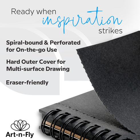 Art-N-Fly Black Sketch Pad Mini 5.5x8.5" 2 Pack - Black Paper Sketchbook for Drawings, Perforated Edge on Spiral 100 Sheets Total - Art Sketch Boo...