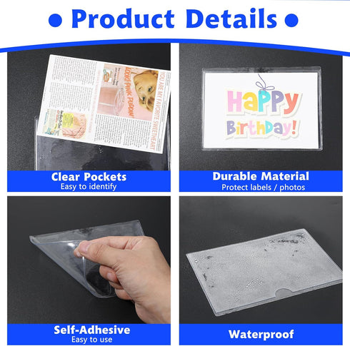 15 Pcs Self Adhesive Index Card Pockets, 6.5×4.72" clear adhesive pockets, Removable Labels Bag with Top Open for Organizing, Storage Bins, Librar...