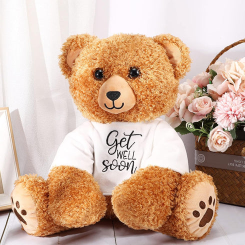 Get Well Soon Bear 16 Inch Bear Stuffed Animals with White T-Shirt Feel Well Soft Bear Plush Hospital Gifts for Boy and Girl (Classic Style)...