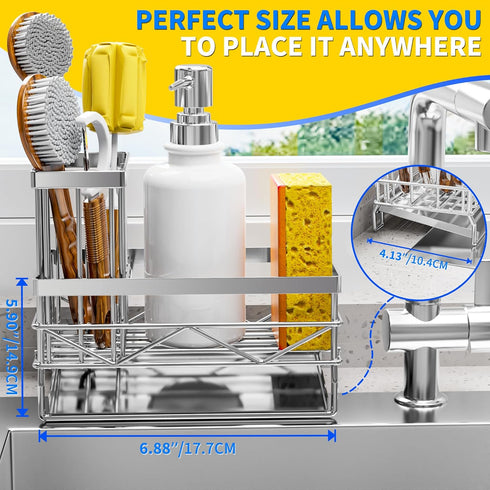 Silver Sink Caddy Sponge Holder for Kitchen Sink with Brush Holder and Stainless Steel Self Drain Tray, Rustproof Kitchen Sink Organizer for Spong...
