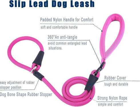 Slip Lead Dog Leash?Strong Nylon Rope Leash Anti-Choking Anti-Pull and Outdoor Walking Training Lead for Small Medium Large Dogs (Fuchsia,1/2"×4ft...