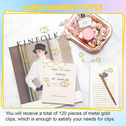 100 pcs Cute Paper Clips 50 pcs Gold Key Shaped Wire Paper Clips 50 pcs House Shaped Paper Clips Mini Paperclips for Office School Supplies Weddin...