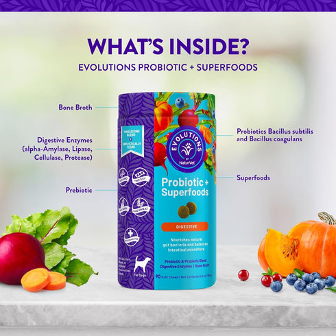 NaturVet Evolutions Probiotic & Superfoods 90ct Soft Chews for Dogs - Prebiotic & Probiotic Blend, Digestive Enzymes, Bone Broth, Omega's - Nouris...