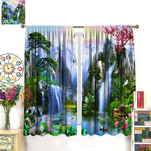 Waterfall Deocr Curtain, Surrounded Waterfall Rocky Lotus Fish Swan Landscapes Home Decor Windows Rod Pocket Curtain for Living Room Bedroom Kitch...