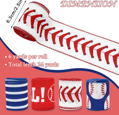AnyDesign Baseball Wired Edge Ribbon 2.5 Inch Red Blue Craft Ribbon Wired Fabric Ribbon for Sport Events DIY Bow Wreath Wrapping Supplies, 24 Yard...